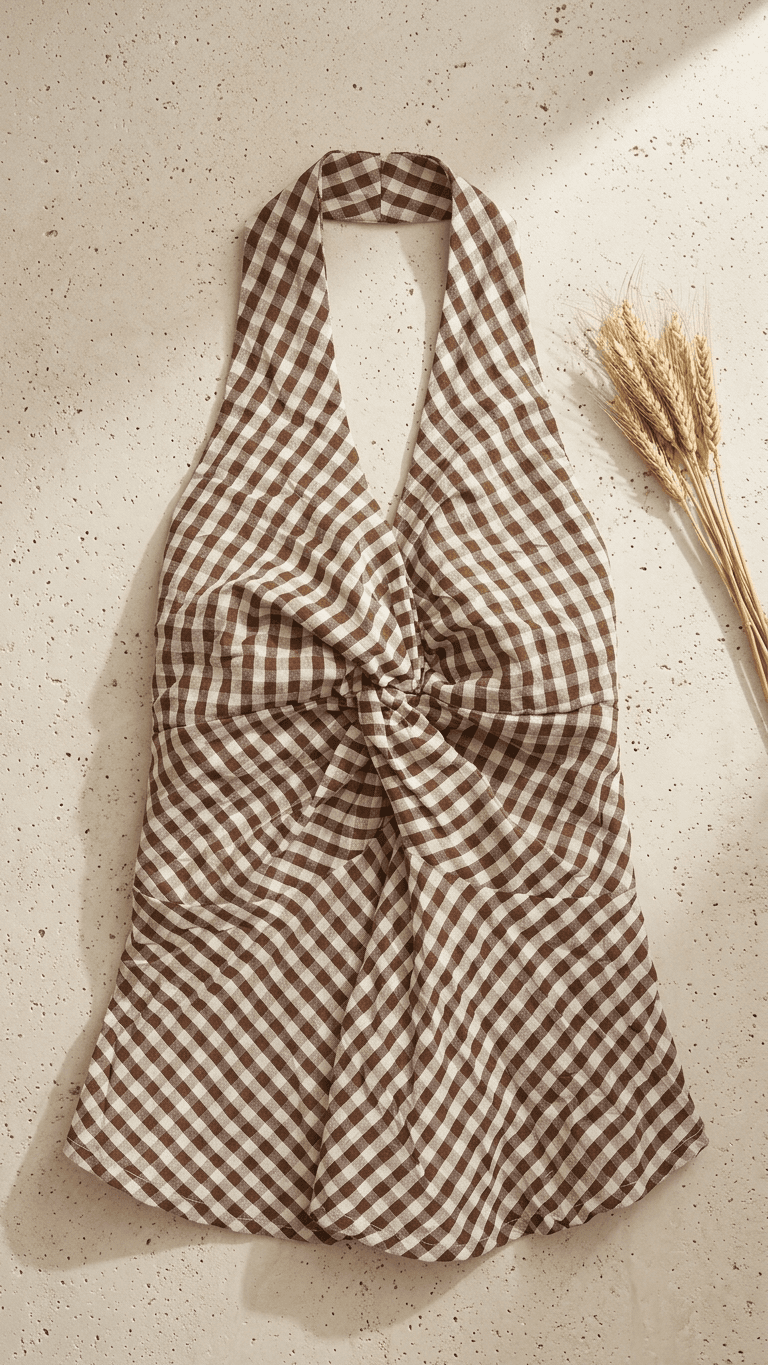 Brown Checked Halter Neck Tops