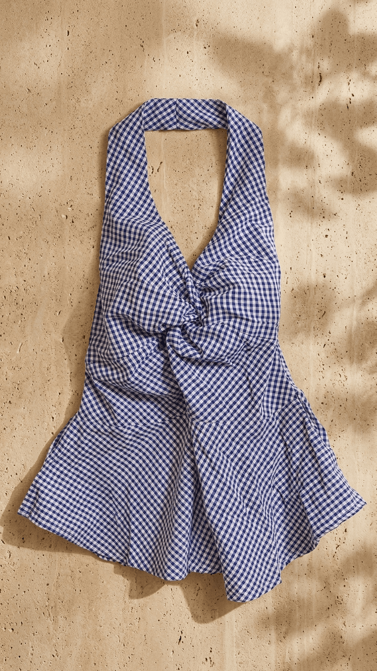 Dark blue Checked Halter Neck Tops