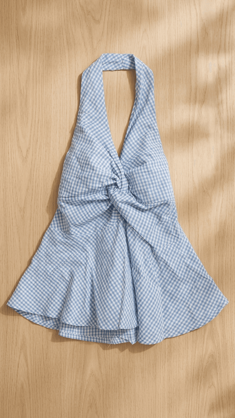 Light blue Checked Halter Neck Tops