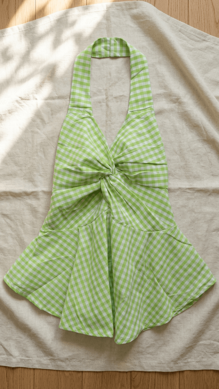 Green Checked Halter Neck Tops