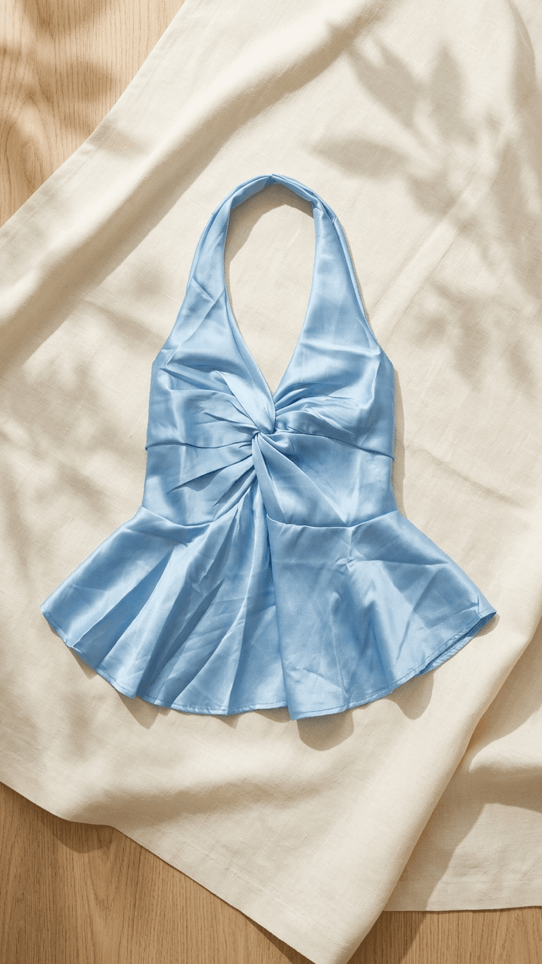 Light Blue Satin Halter Neck Tops